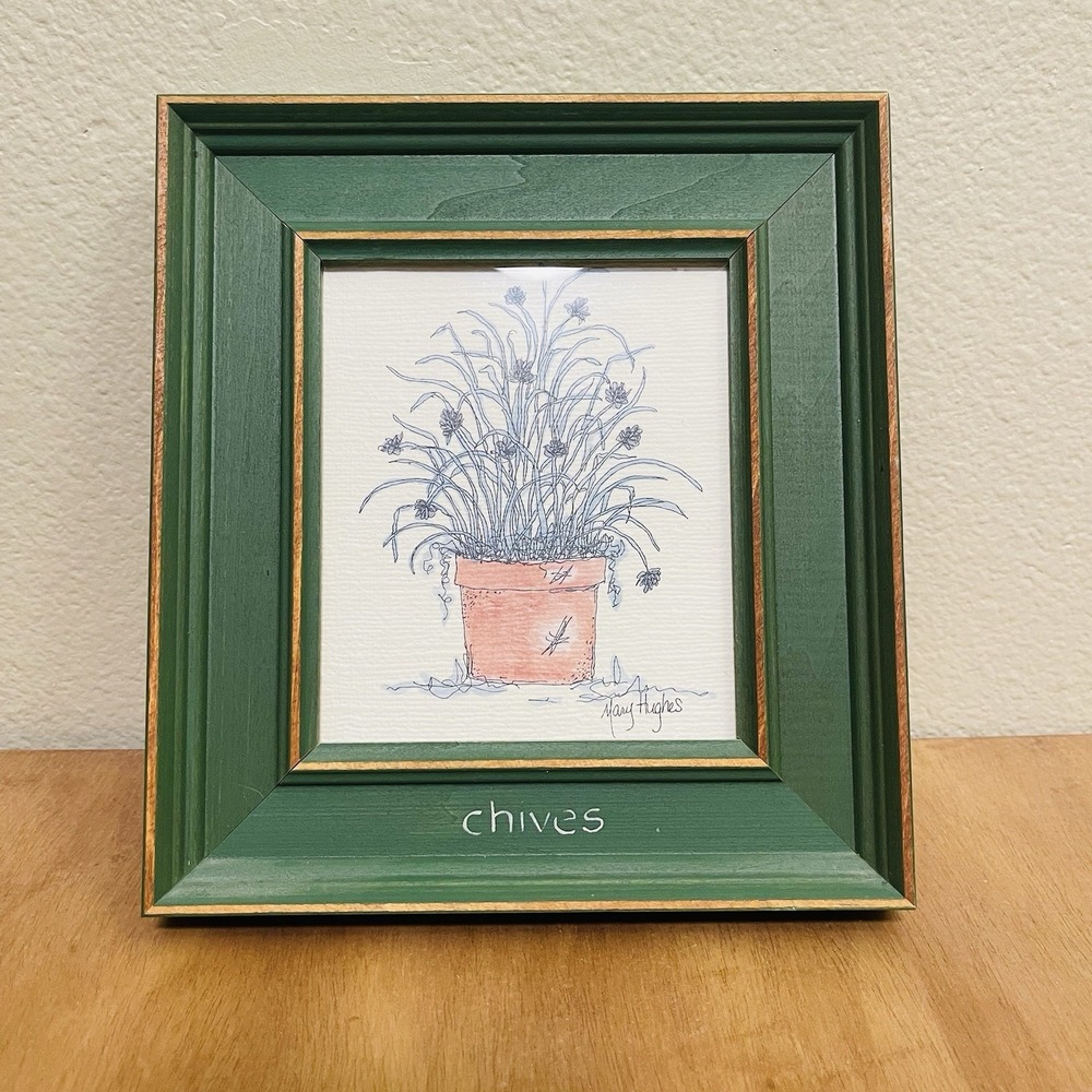 Mary‎ Hughes Framed Art CHIVES Watercolor Print Green Wood Frame Cottagecore